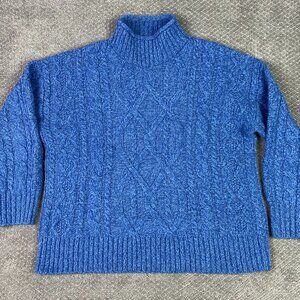 LL Bean Sweater Women's 1X Blue Cable Knit Wool Alpaca Fisherman Mock Neck